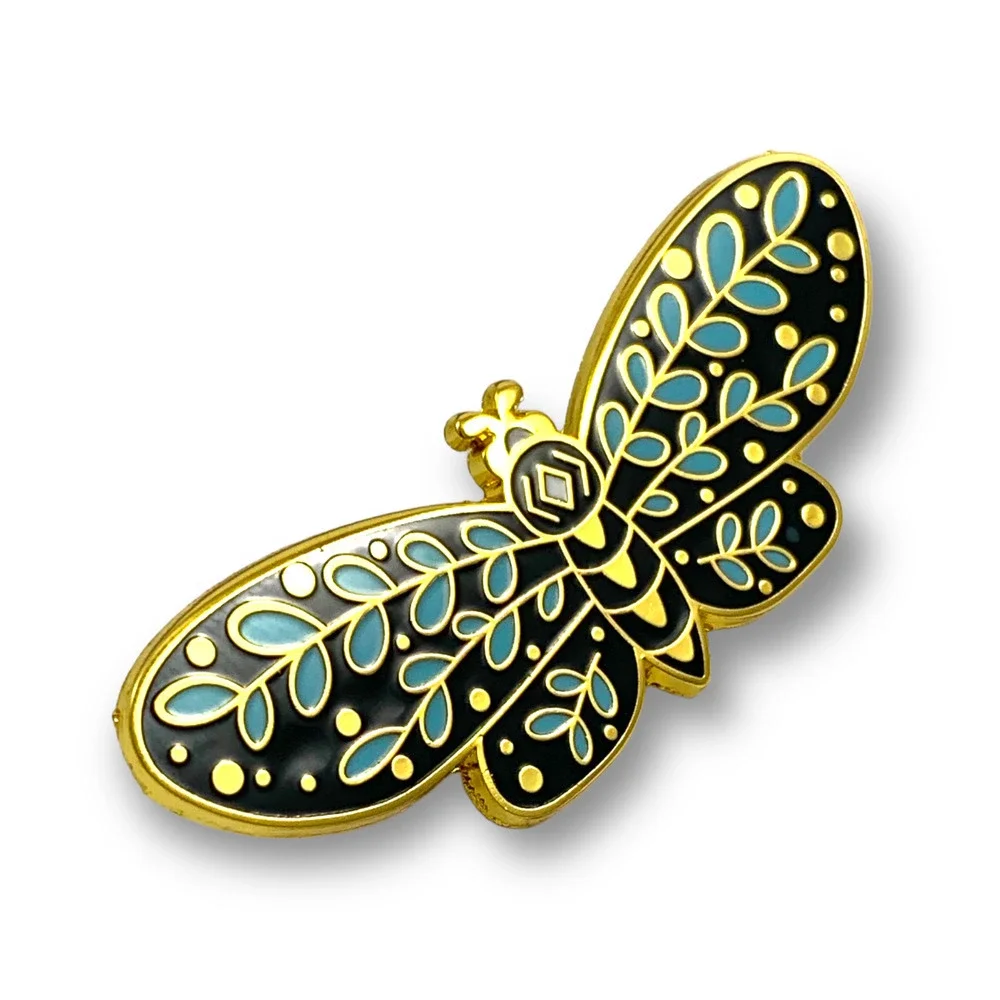 Large gold enamel moth blue eucalyptus pin - Picture 5 of 7